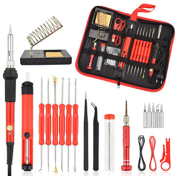 NEWACALOX 26Pcs 60W Multifunctional Electric Solder Iron Kit Screwdriver Desoldering Pump Tip Wire Pliers + Tool Bag  EU Plug/US Plug