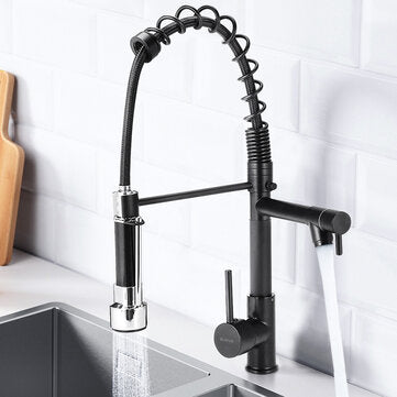 SULEVE Spring Kitchen Sink Faucet Modern Single Handle With Pull Down Sprayer  Hot Cold Water Mixer Faucet Black