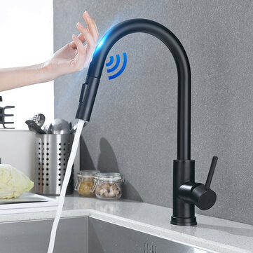 Matte Black Stainless Steel Kitchen Sink Faucets Mixer Smart Touch Sensor Pull Out Hot Cold Water Mixer Tap Crane